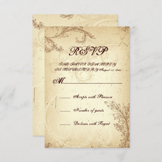 Beige, bruine scrollblad bruiloft RSVP (Voorkant / Achterkant)