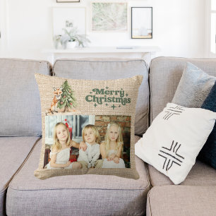 Beige burlap foto vos boom groen Kerstmis Kussen