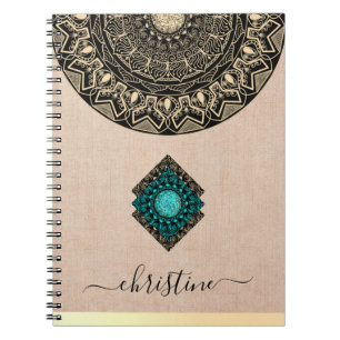 Beige Burlap Mandala Zwart Script Naam Notitieboek
