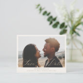 Beige Calligrafie Foto Opslaan Datum Aankondigingskaart (Staand voorkant)