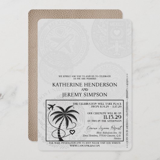 Beige Cancun Passport Wedding Kaart (Voorkant / Achterkant)
