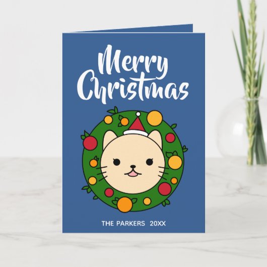 Beige Cat Wreath | Blue Merry-kerstfoto Feestdagen Kaart (Voorkant)
