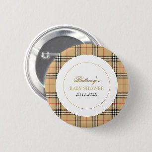 Beige Check Designer Plaid Baby shower Ronde Button 5,7 Cm