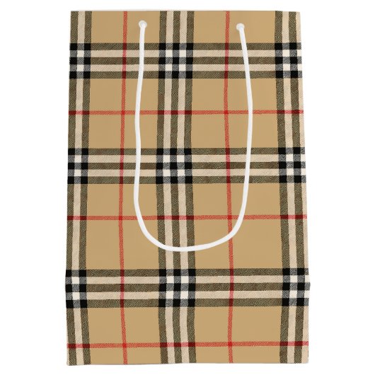 Beige Check Plaid Baby shower Medium Cadeauzakje (Achterkant)