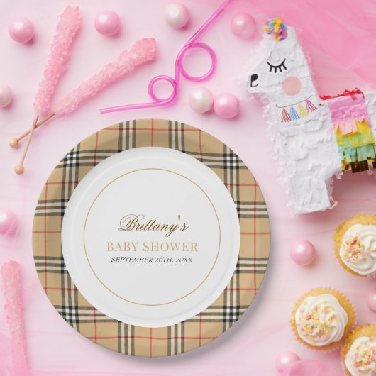 Beige Check Plaid Baby shower Papieren Bordje (Feest)