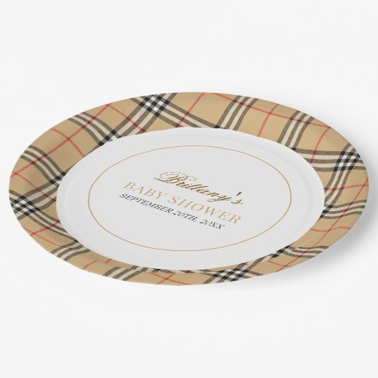 Beige Check Plaid Baby shower Papieren Bordje (Gekanteld)
