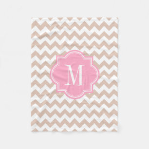 Beige Chevron met roze monogram Fleece Deken