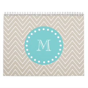 Beige Chevron Pattern   Blauwgroen monogram Kalender