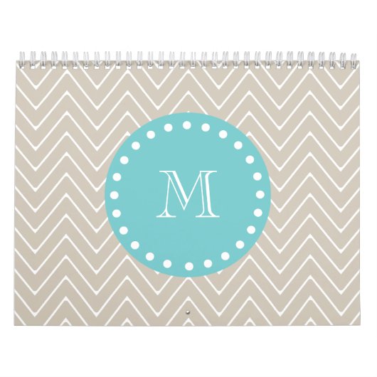 Beige Chevron Pattern | Blauwgroen monogram Kalender (Hoes)