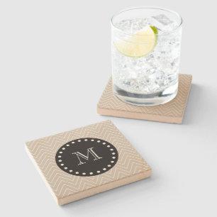 Beige Chevron Pattern Zwart monogram Stenen Onderzetter