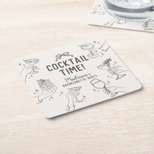 Beige Cocktail Feest Retro Bruidsfeestje Vierkante Kartonnen Onderzetter (Schuin)