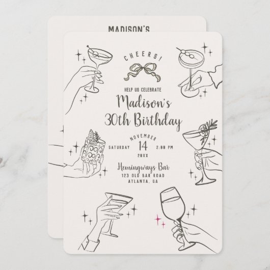 Beige Cocktail Party Retro Verjaardagsfeest Uitnod (Voorkant / Achterkant)