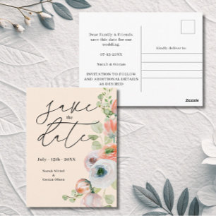 Beige Coral Floral Wedding Bewaar de datum Briefkaart