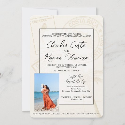 Beige Costa Rica Paspoort Uitnodiging voor een bru (Voorkant)