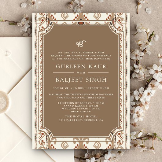 Beige Cream Ikat Anand Karaj Sikh Wedding Kaart