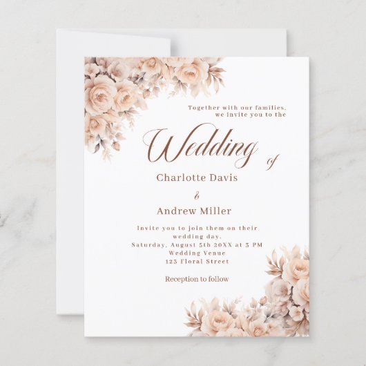 Beige crème bloemen bruiloft uitnodiging (Voorkant)