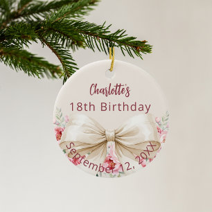 Beige crème boog bloemen verjaardag keramisch ornament