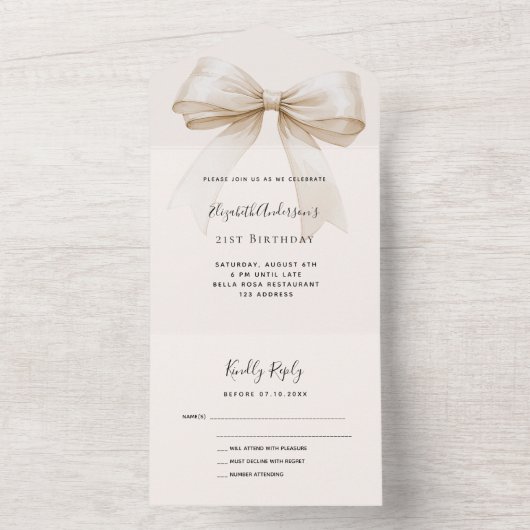 Beige crème boog verjaardagsfeest rsvp all in one uitnodiging (Binnen)