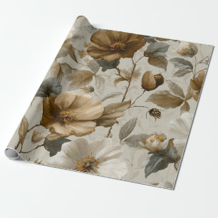 Beige Crème Bruin Bloem Pastel Boho Jaren 70 Vinta Cadeaupapier