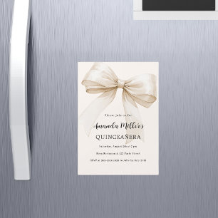 Beige crème strik Quinceanera luxe Magnetische Uitnodiging