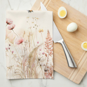 Beige crème waterverf wilde bloemen roze boho theedoek