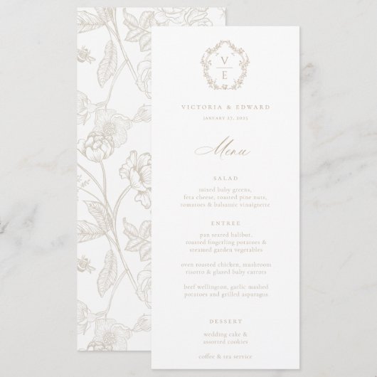 Beige Crest Monogram Floral Weddenschap Menu Kaart (Voorkant / Achterkant)