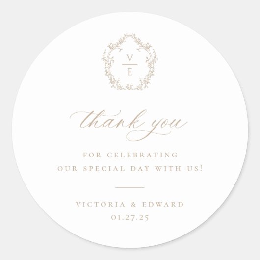 Beige Crest Monogram Weddenschap Bedankt Ronde Sticker (Voorkant)