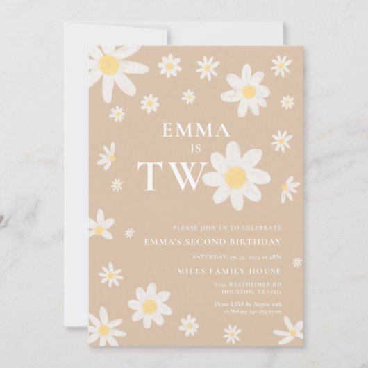 Beige Daisy Tweede 2e Verjaardag uitnodiging Twee (Voorkant)