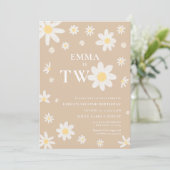 Beige Daisy Tweede 2e Verjaardag uitnodiging Twee (Staand voorkant)