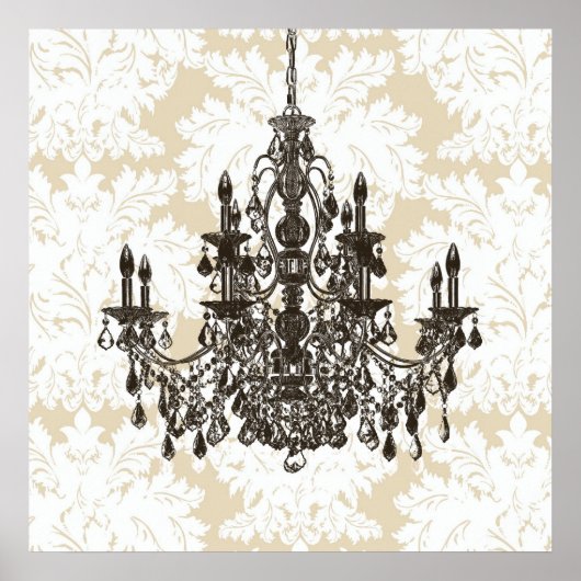 Beige Damask Chandelier Wall Art Print (Voorkant)