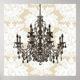 Beige damask kroonluchter kunst aan de muur poster