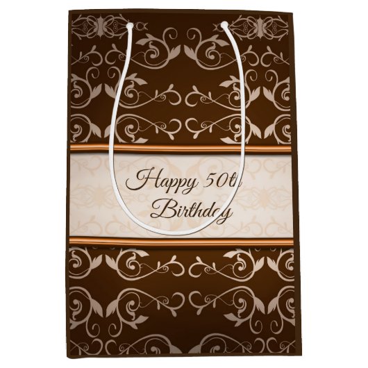 Beige Damask Roos gouden strepen Medium Cadeauzakje (Voorkant)