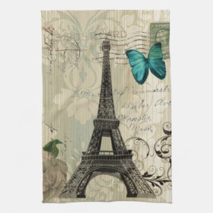 beige Damask vlinder roos Paris Eiffeltoren Theedoek