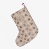 Beige Dog Pw Print Pattern met Monogram en naam Kleine Kerstsok (Achterkant (Hangend))