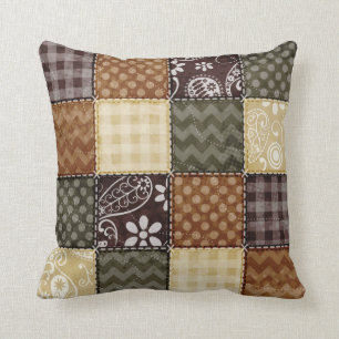 Beige, donkerbruine en olijfgroene Quilt look Kussen