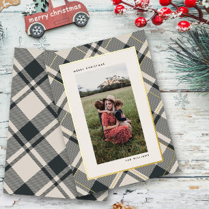 Beige & Donkergroene Tartan Merry Christmas Foto Folie Feestdagenkaart