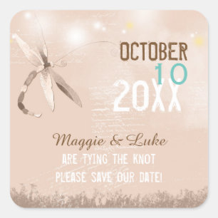 Beige Dragonfly Wedding Save the Date Vierkante Sticker