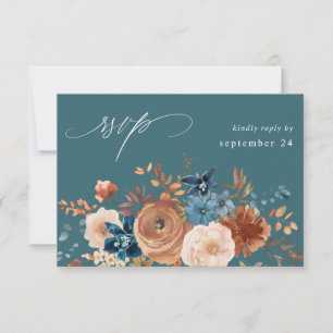 Beige & Dusty Blue Floral w Meal RSVP - Blauwgroen
