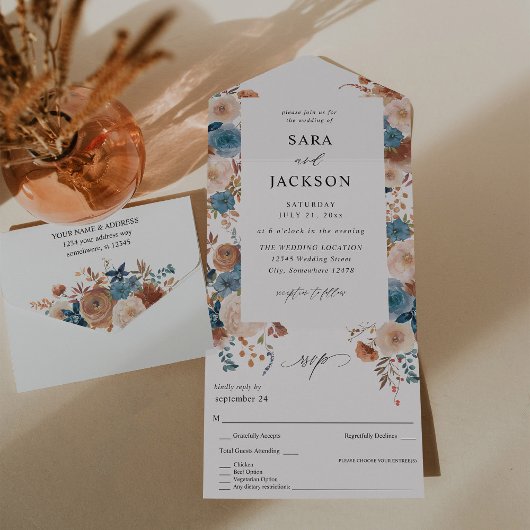 Beige & Dusty Blue Floral Wedding All In One Uitnodiging