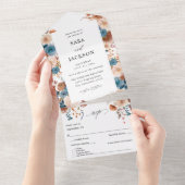 Beige & Dusty Blue Floral Wedding All In One Uitnodiging (Afscheurbaar)
