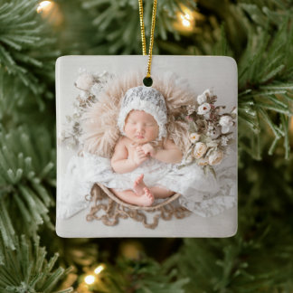 Beige Elegante Calligrafie Mijn Eerste Kerstmis Fo Keramisch Ornament