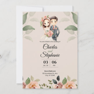 Beige elegante illustratieve bloemenbruiloft kaart