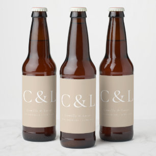 Beige Elegante Minimalistische Bruiloft Monogram Bier Etiket