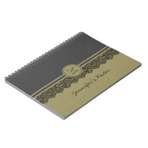 Beige en beige linen Burlap textuur & zwarte kant Notitieboek