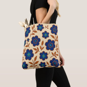 Beige en Blauwe Boho Bloemtas Draagtas