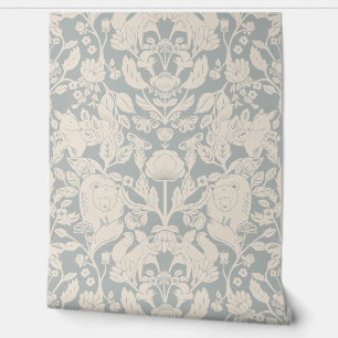 Beige en Blauwe Woodland Block Print Damask Behang