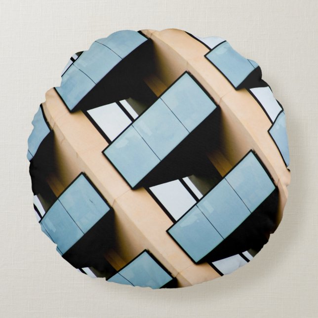 Beige en Blue Geometric Pattern Rond Kussen (Voorkant)