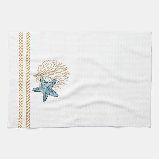Beige en Blue Rope en Starfish Kitchen Towel Theedoek (Horizontaal)