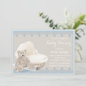 Beige en Blue Teddy Bear Baby shower Kaart (Staand voorkant)