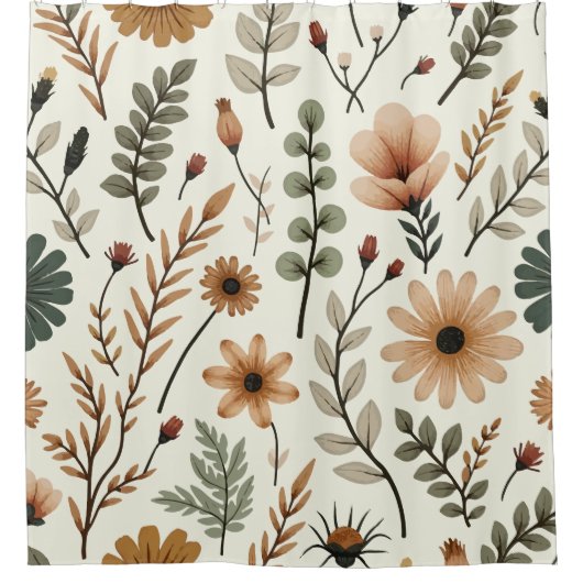 Beige en bruine Boho bloemen Douchegordijn (Voorkant)